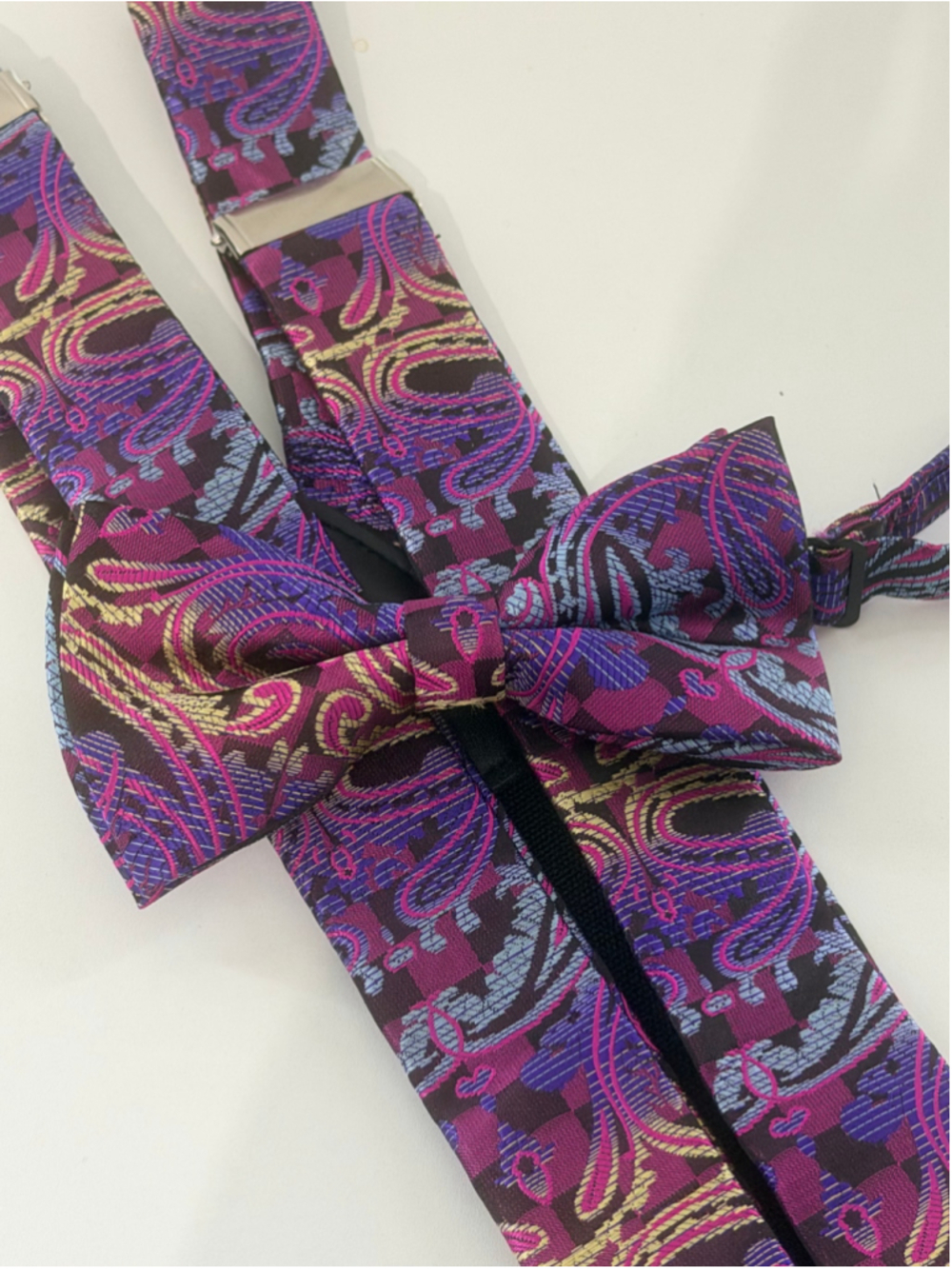 Men’s Paisley Suspenders & Bow Tie Set Purple Pink Blue Wedding Formal